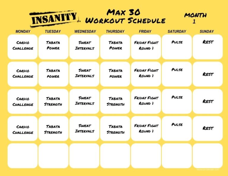 Insanity Max 30 Print A Workout Calendar