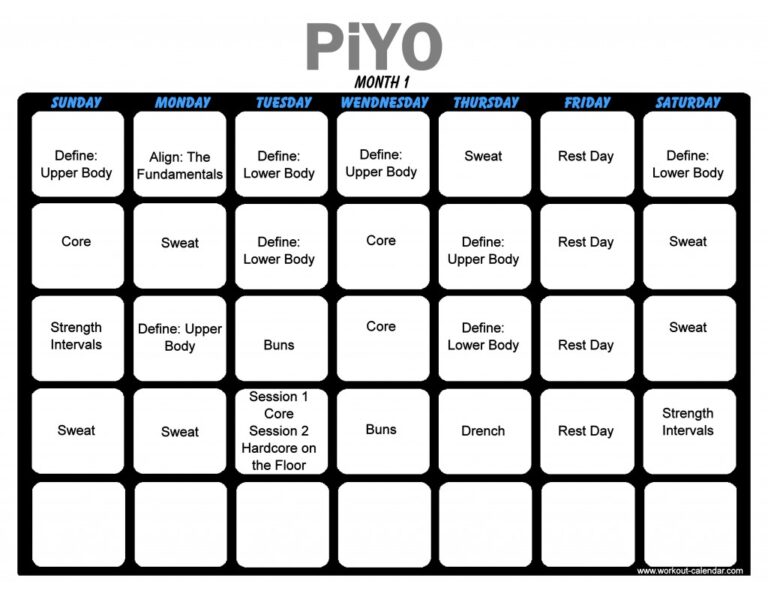 Piyo Workout Calendar Print A Workout Calendar Piyo Workout Calendar Print A Workout Calendar