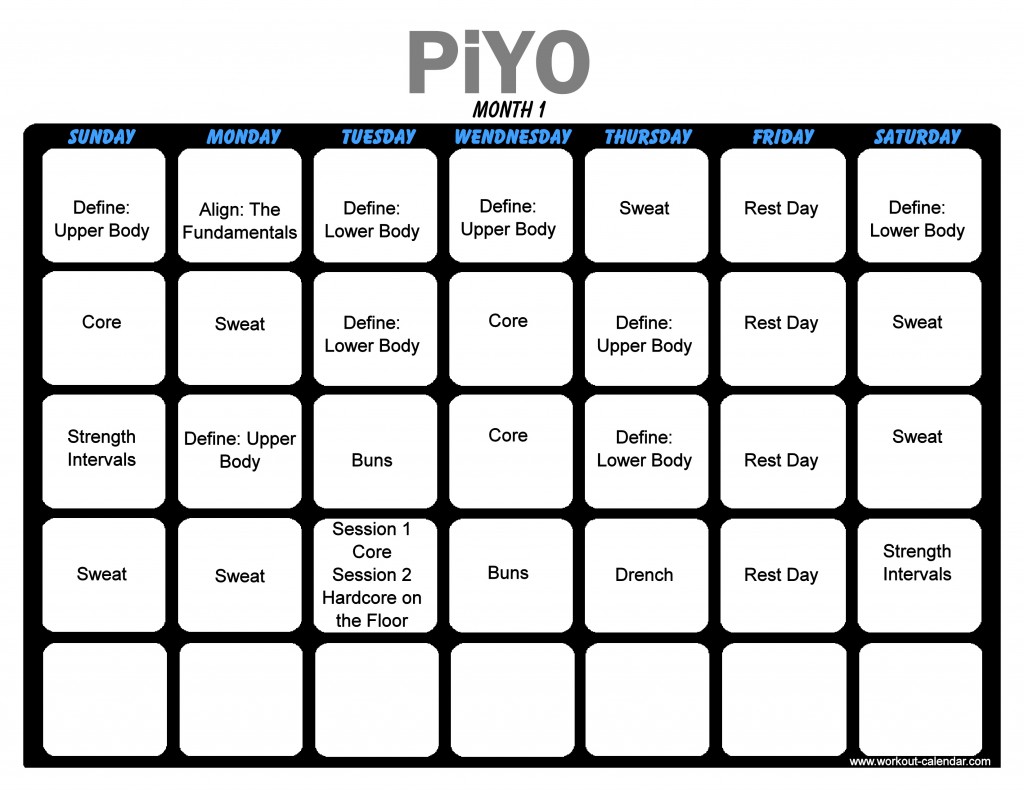 Piyo Workout Calendar Print A