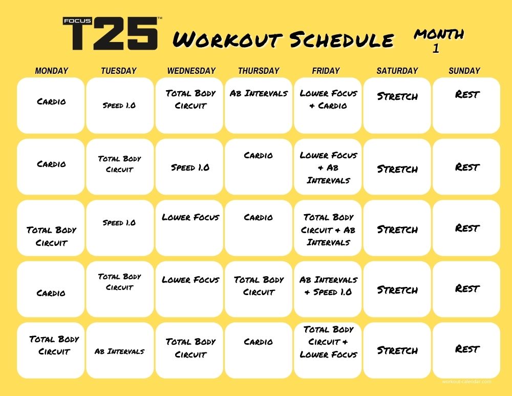Focus T25 Workout Calendar - Print A Workout Calendar