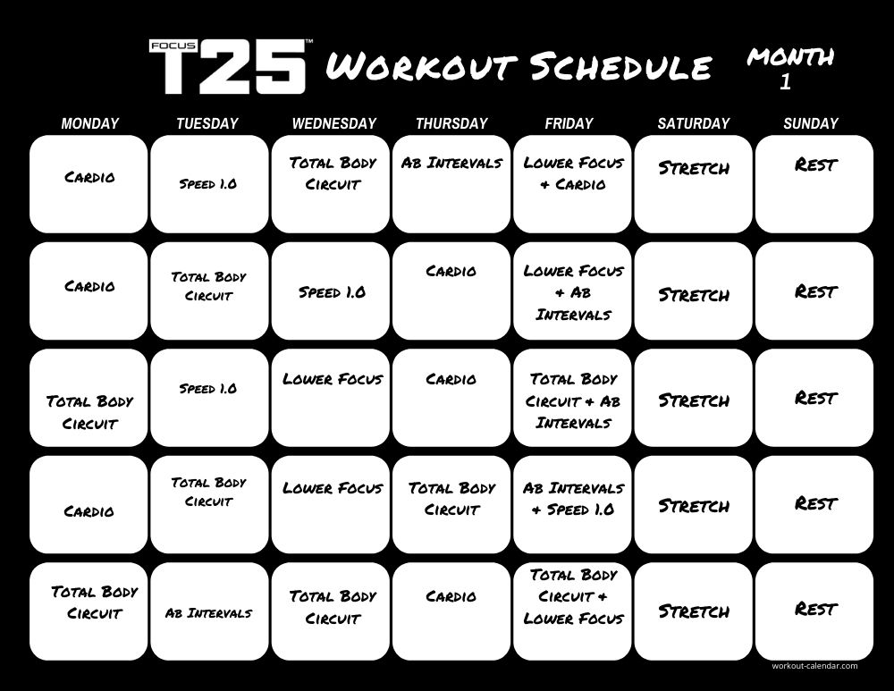Focus T25 Workout Calendar Print A Workout Calendar