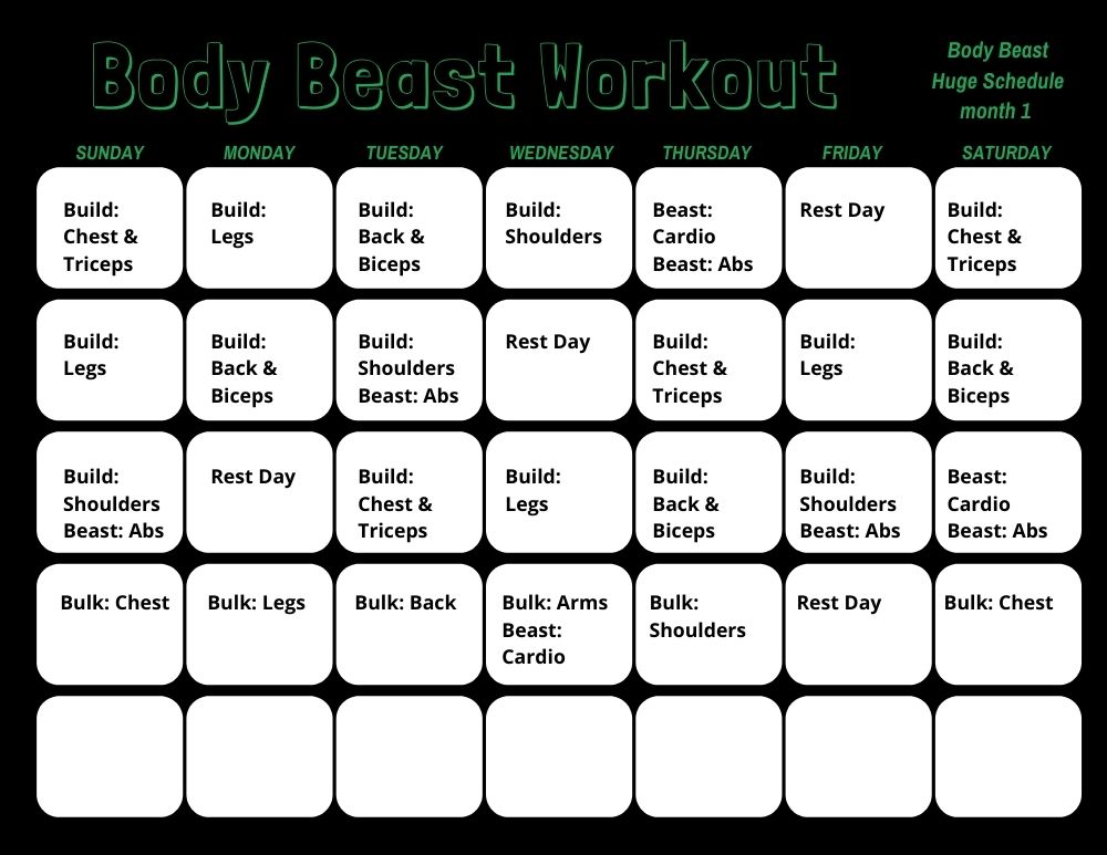 Body Beast Workout Calendar Print A