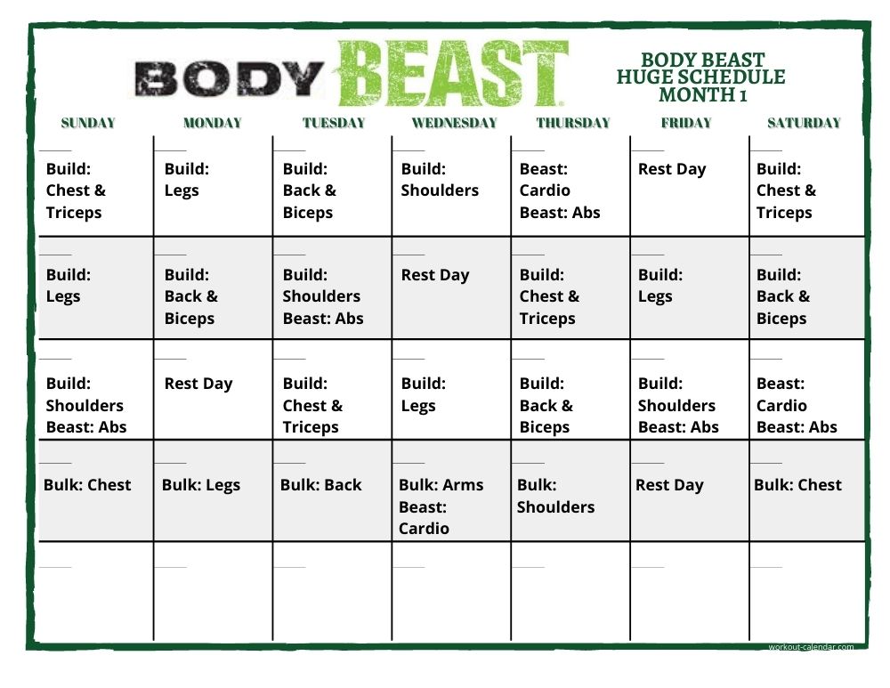 Printable Body Beast Lean Schedule